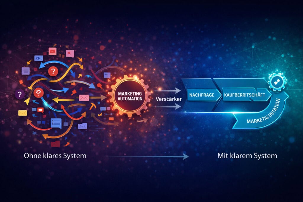 Visualisierung von Marketing Automation im B2B als Verstärker: ohne System entsteht Chaos, mit klarem System wird Nachfrage und Kaufbereitschaft strukturiert entwickelt