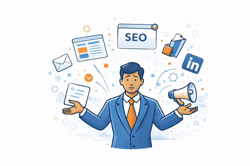 Marketingverantwortlicher jongliert mit SEO Website Blog und Social Media Aufgaben