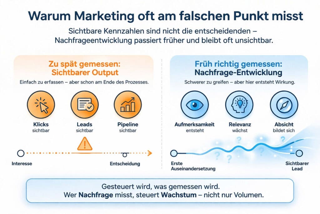 Infografik zur Marketing-Messung im B2B: Gegenüberstellung von sichtbaren Kennzahlen wie Klicks und Leads und der unsichtbaren Nachfrageentwicklung wie Aufmerksamkeit, Relevanz und Kaufabsicht