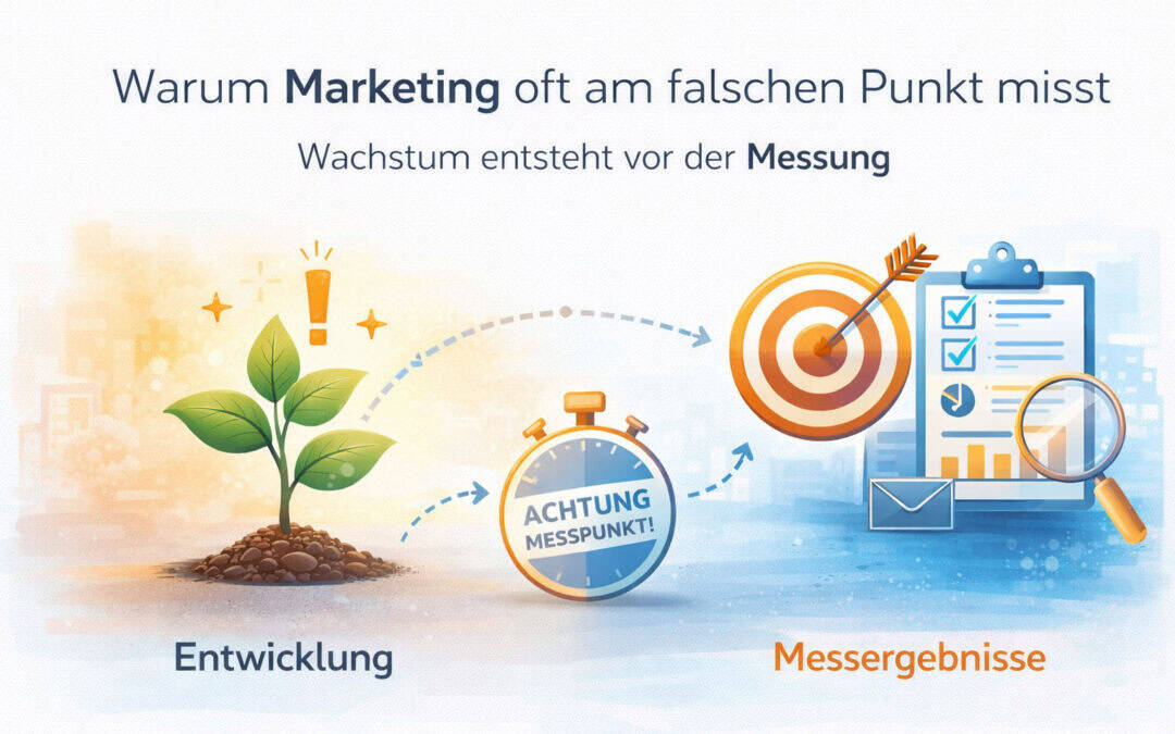 Headergrafik zur Marketing-Messung im B2B: Darstellung, dass Wachstum und Entwicklung vor der Messung entstehen und Ergebnisse erst später sichtbar werden
