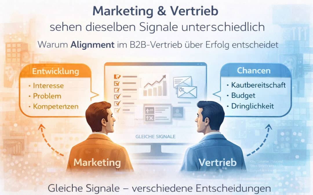 Headergrafik zum Marketing-Vertrieb-Alignment im B2B: Darstellung, wie Marketing und Vertrieb dieselben Signale unterschiedlich interpretieren und daraus verschiedene Entscheidungen ableiten