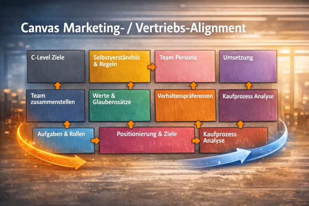 Marketing-Vertrieb-Alignment Canvas Modell zur Zusammenarbeit von Marketing und Vertrieb im B2B mit crossfunktionalen Teams entlang der Customer Journey.