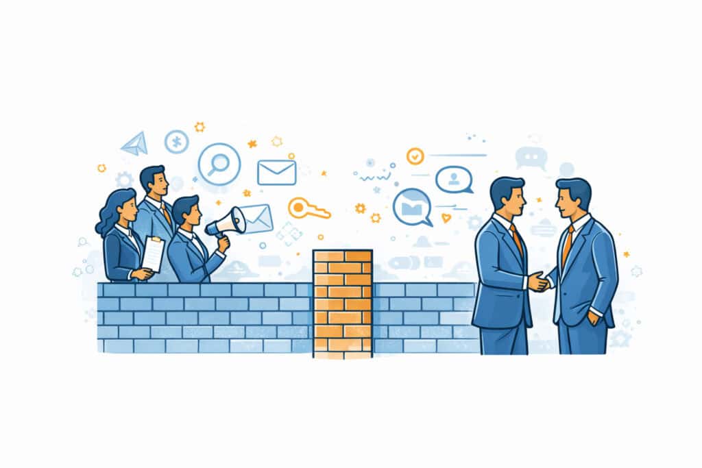 Illustration von getrennten Teams im Marketing und Vertrieb mit einer Mauer zwischen den Abteilungen