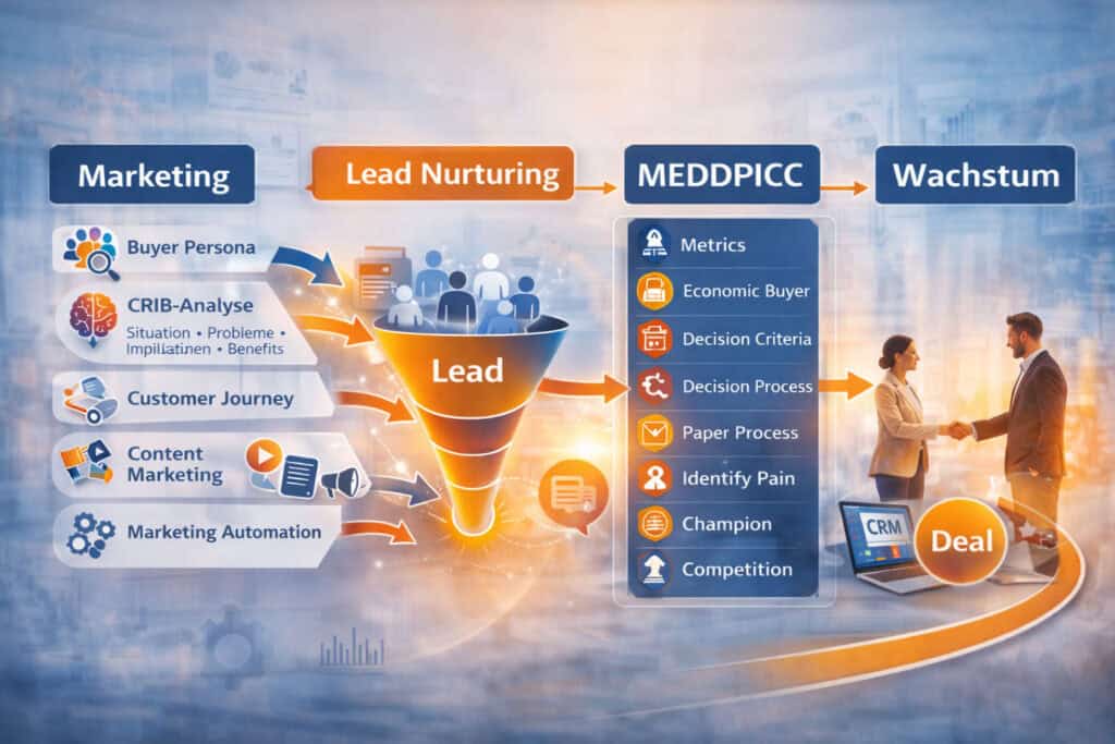 B2B Vermarktungsprozess im Schuster Modell mit Marketing, Lead Nurturing, MEDDPICC Framework und erfolgreichem Vertriebsabschluss