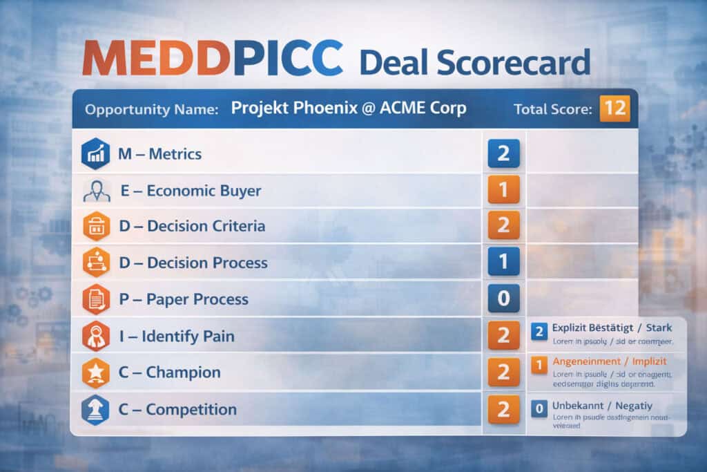 MEDDPICC Deal Scorecard zur Bewertung von B2B Verkaufschancen mit Metrics, Economic Buyer, Decision Criteria, Decision Process, Paper Process, Identify Pain, Champion und Competition