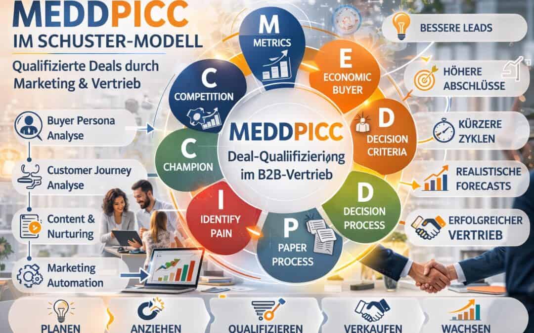 MEDDPICC Framework im Schuster-Modell zur Qualifizierung komplexer B2B-Deals mit Buyer Persona Analyse, Customer Journey und Marketing Automation