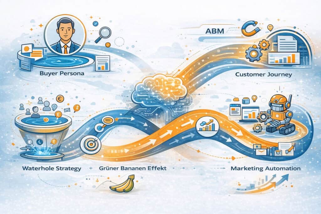 Modell moderner B2B Vermarktung mit Buyer Persona, Customer Journey, Wasserloch Strategie und Marketing Automation
