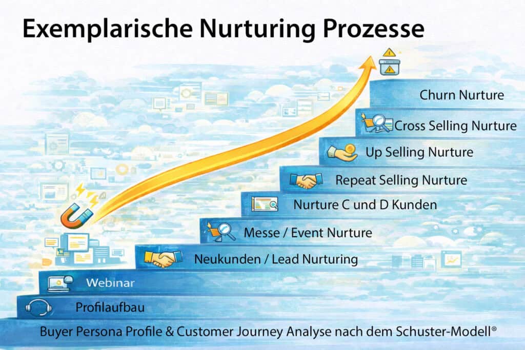 Infografik: Struktur von B2B Nurturing Prozessen von Profilaufbau über Neukundenentwicklung bis Cross-Selling, Up-Selling und Churn Prevention.