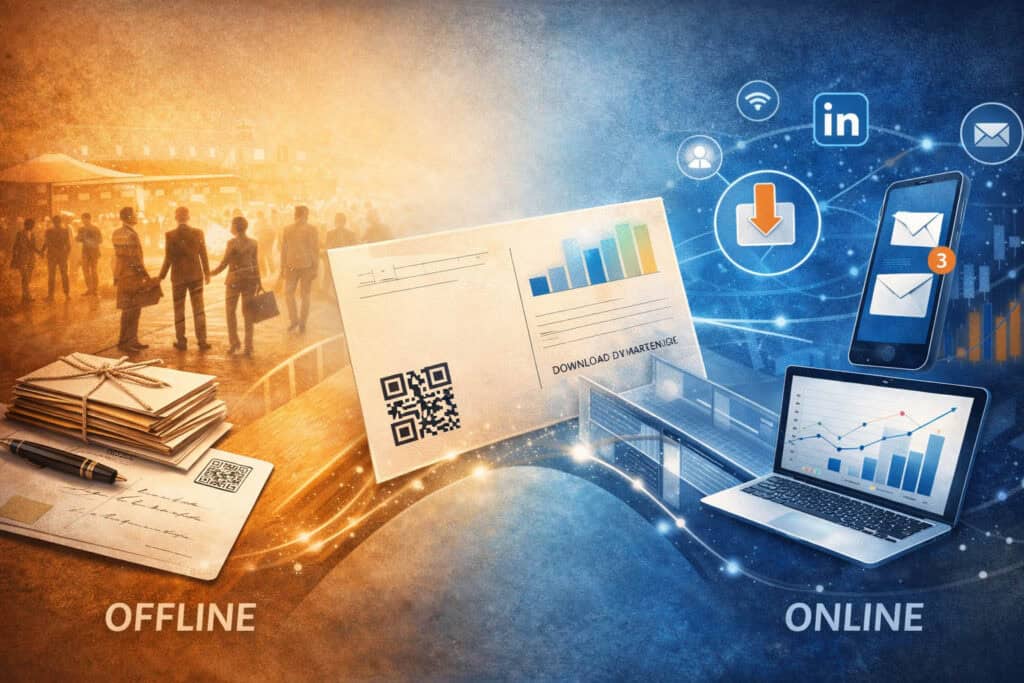 Offline- und Online-Marketing im B2B: Postkarte mit QR-Code verbindet analoge Ansprache mit digitaler Customer Journey