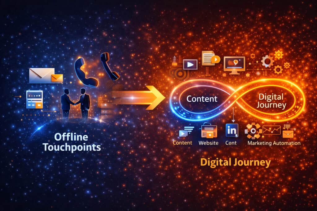 Infografik zur orchestrierten B2B Customer Journey: Offline Touchpoints wie Telefon oder Post führen in digitale Prozesse mit Content, Website, LinkedIn und Marketing Automation.