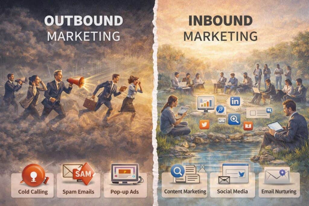 Infografik, die Outbound Marketing und Inbound Marketing vergleicht: links aggressive Werbeformen wie Cold Calling und Werbung, rechts Inbound Marketing mit Content, Social Media und Menschen, die sich freiwillig an einem Wasserloch informieren.