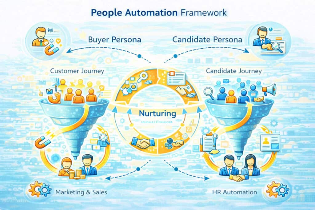 People Automation Framework: Verbindung von Buyer Persona, Candidate Persona, Customer Journey, Candidate Journey und Nurturing für Marketing, Vertrieb und HR Automation.
