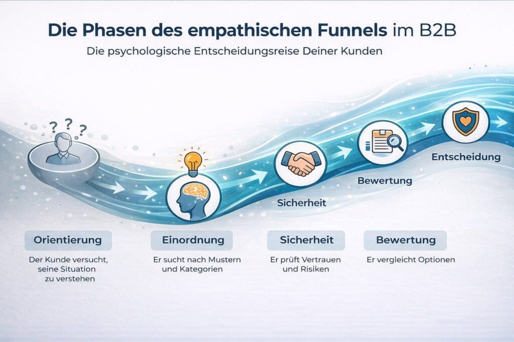 Grafik zeigt die Phasen des empathischen Funnels im B2B entlang der psychologischen Customer Journey von Orientierung über Sicherheit bis zur Kaufentscheidung