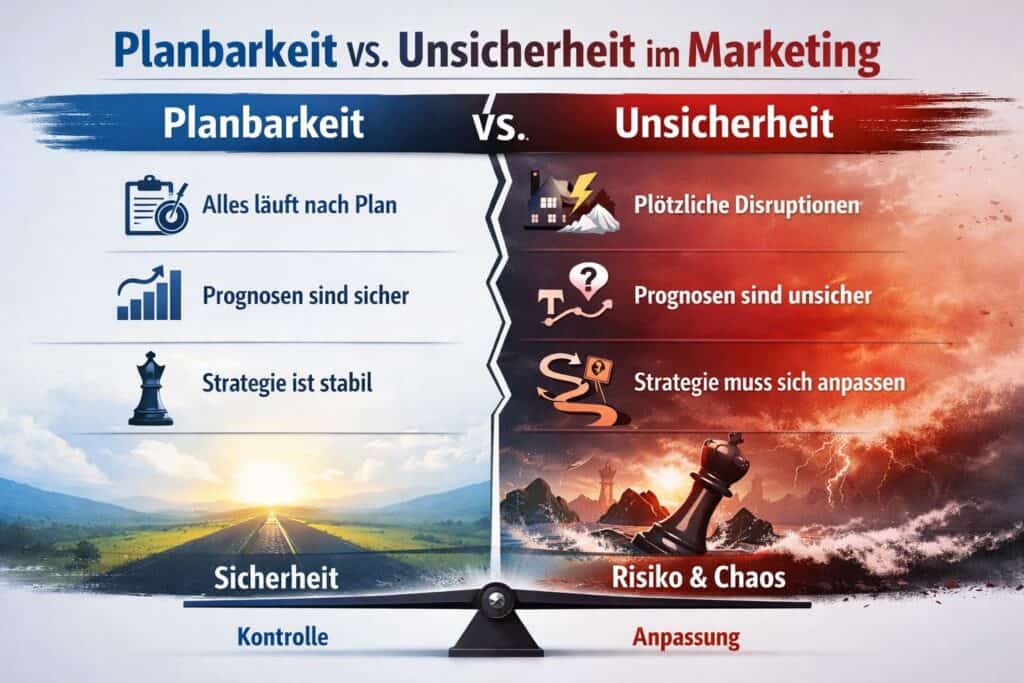 Infografik zum Vergleich von planbarem Marketing und unsicheren Märkten im B2B: Während klassische Strategien auf Prognosen und Stabilität setzen, zeigen moderne Ansätze die Notwendigkeit von Anpassung, Flexibilität und datengetriebenem Lernen.