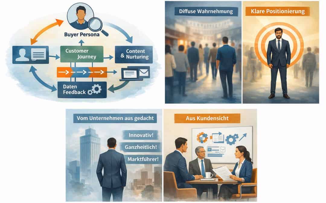 Infografik zur Positionierung im B2B-Marketing mit Buyer Persona, Customer Journey und klarer vs. diffuser Wahrnehmung im Schuster-Modell
