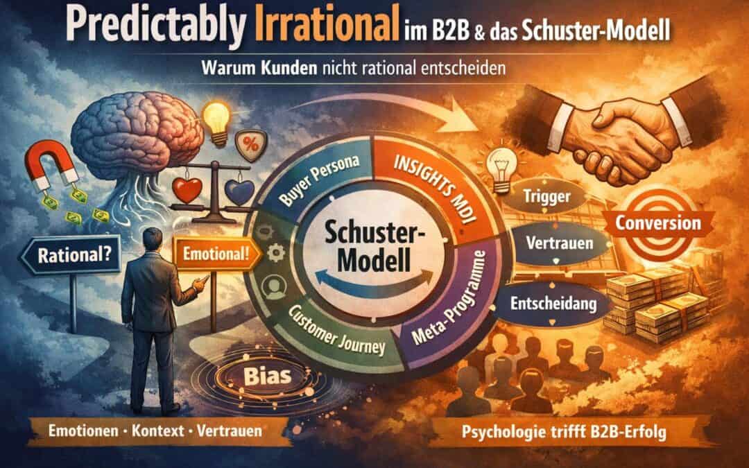 Die Illustration zeigt, wie B2B-Entscheidungen zwischen rationalen und emotionalen Faktoren entstehen. Im Zentrum steht das Schuster-Modell, das Buyer Persona, Customer Journey, INSIGHTS MDI und Meta-Programme integriert, um Vertrauen aufzubauen und Kaufentscheidungen zu beeinflussen.