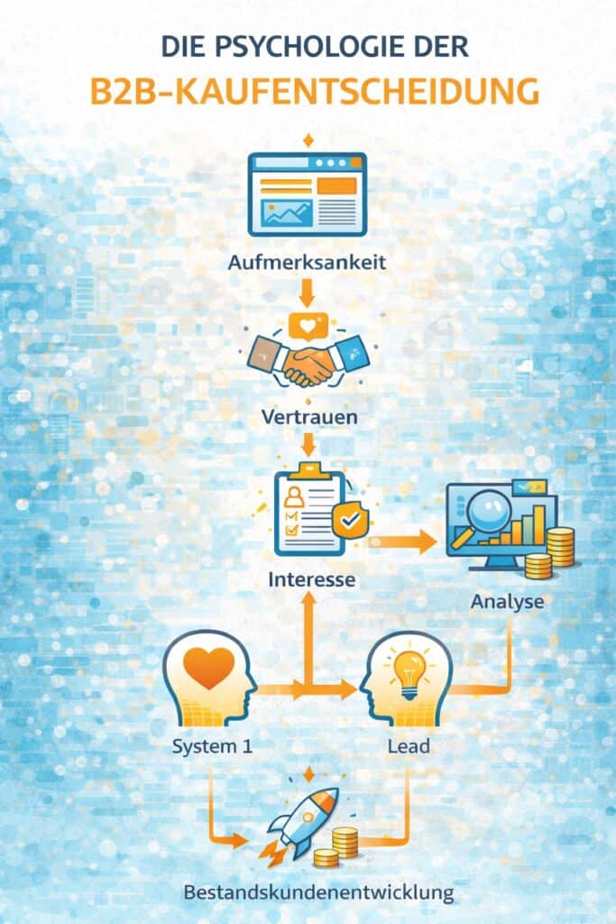 Infografik zur Psychologie der B2B-Kaufentscheidung mit den Phasen Aufmerksamkeit, Vertrauen, Interesse, Analyse und Bestandskundenentwicklung sowie dem Zusammenspiel von System 1 und System 2.