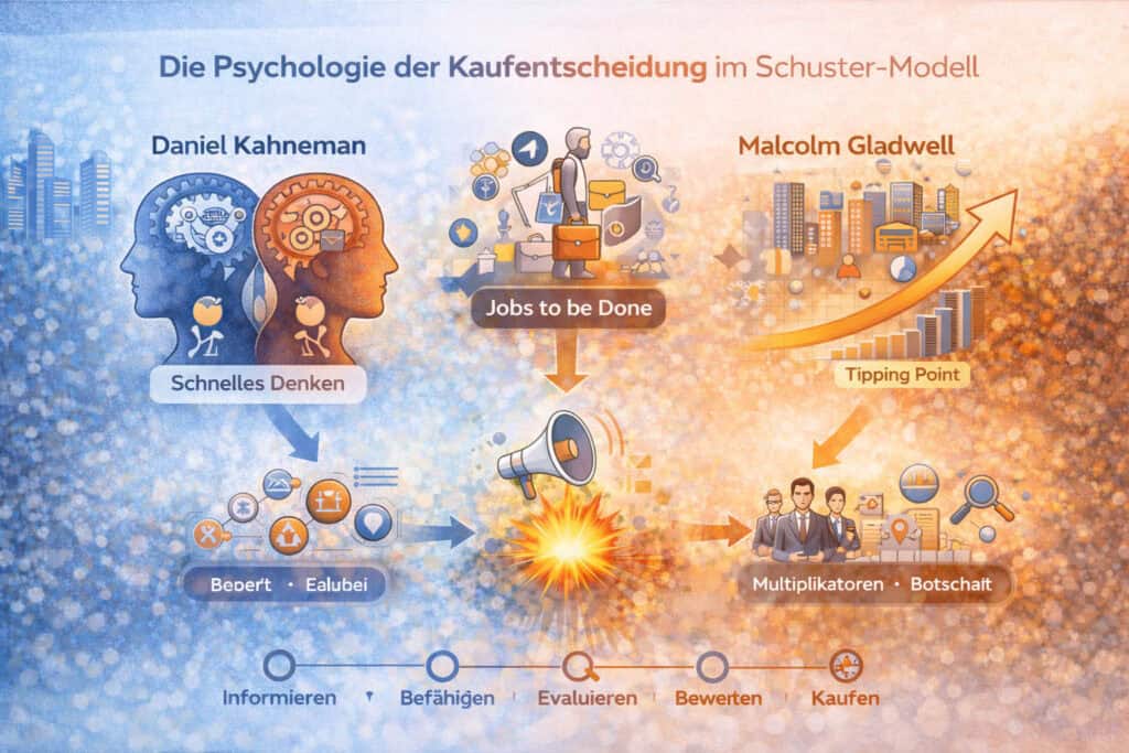 Infografik zeigt Psychologie der Kaufentscheidung im B2B Marketing mit Kahneman, Jobs to be Done und dem Tipping Point im Schuster Modell.