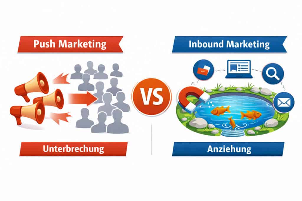 Infografik vergleicht Push Marketing mit Inbound Marketing und zeigt Wasserloch Strategie zur Leadgenerierung im B2B.