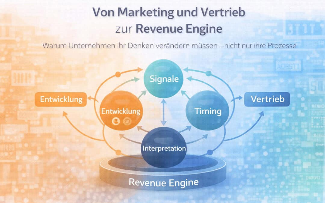 Headergrafik zur Revenue Engine im B2B: Visualisierung eines vernetzten Systems aus Entwicklung, Signalen, Timing und Interpretation, das Marketing und Vertrieb zu einer gemeinsamen Steuerungslogik verbindet