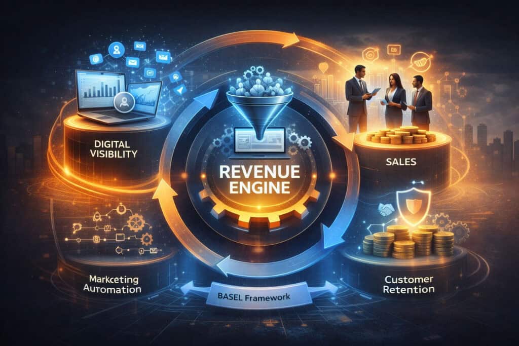 Revenue Engine Modell für modernen B2B-Vertrieb mit digitaler Sichtbarkeit, Lead Management, Sales und Customer Retention.