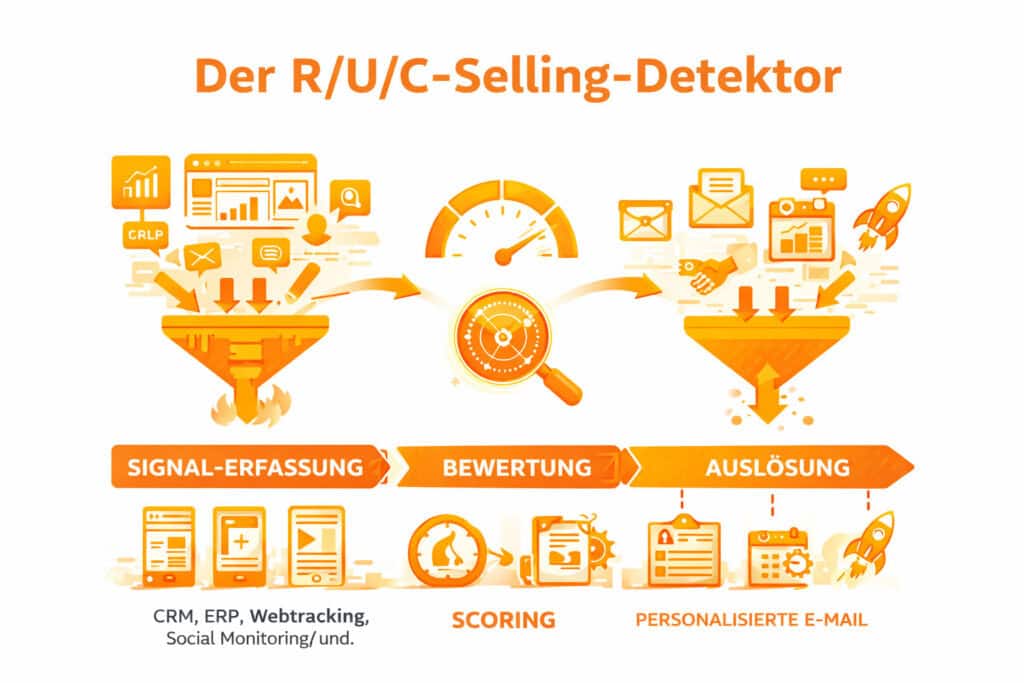 Infografik zum R/U/C-Selling-Detektor im B2B mit den Phasen Signal-Erfassung, Bewertung, Scoring und Auslösung von Vertriebsaktionen