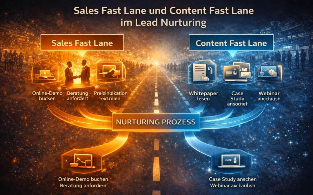 Infografik zum Lead Nurturing mit Sales Fast Lane und Content Fast Lane im digitalen B2B-Vertriebsprozess.