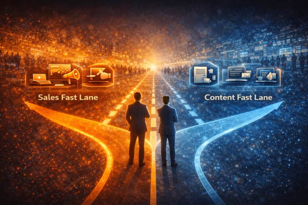 Visualisierung der Sales Fast Lane und Content Fast Lane im Lead-Nurturing-Prozess im digitalen B2B-Marketing und Vertrieb.