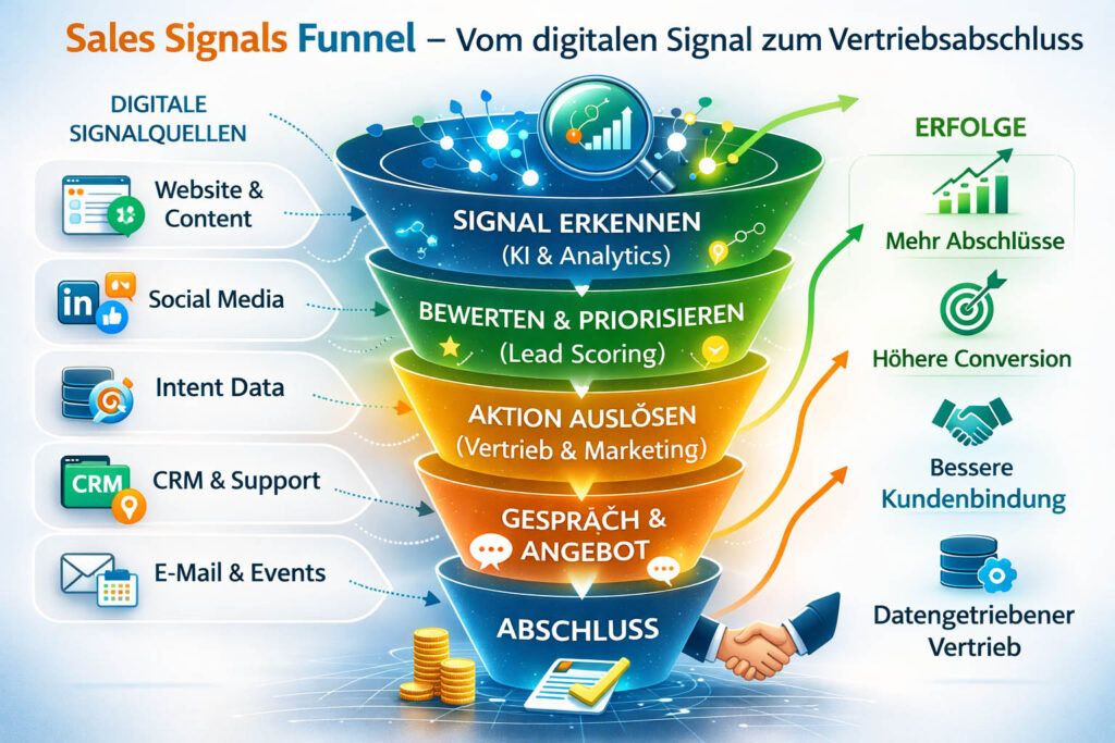 Sales Signals Funnel zeigt, wie digitale Vertriebssignale aus Website, Social Media, CRM und Intent Data zu qualifizierten Leads und erfolgreichen Vertriebsabschlüssen führen