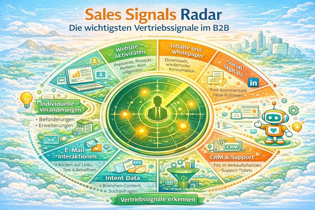 Sales Signals Radar Infografik zeigt die wichtigsten Vertriebssignale im B2B-Vertrieb wie Website-Aktivitäten, Whitepaper-Downloads, Social Signals, CRM-Daten und Intent Data