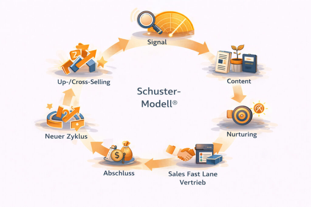 Schuster-Modell für Bestandskundenmanagement im B2B – Kreislauf von Signal über Content, Nurturing und Vertrieb bis zu Cross- und Up-Selling.