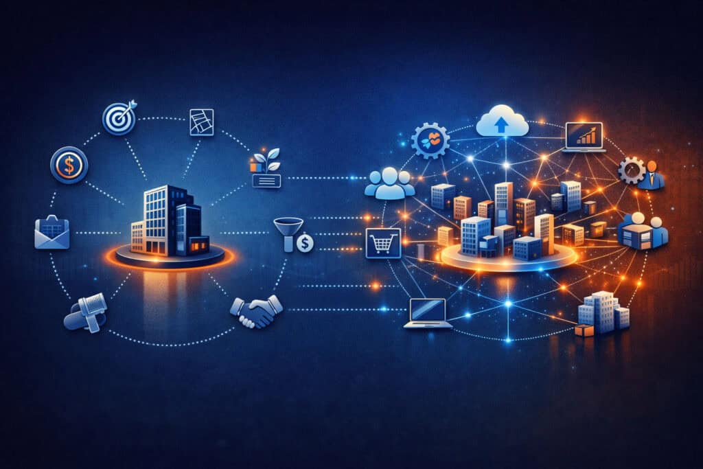 Infografik zeigt Erweiterung des Schuster-Modells zu einem Ecosystem im B2B. Visualisierung der Integration von Ecosystem Strategy in das Schuster-Modell mit vernetzten Partnern, Plattformen und Customer Journey im B2B