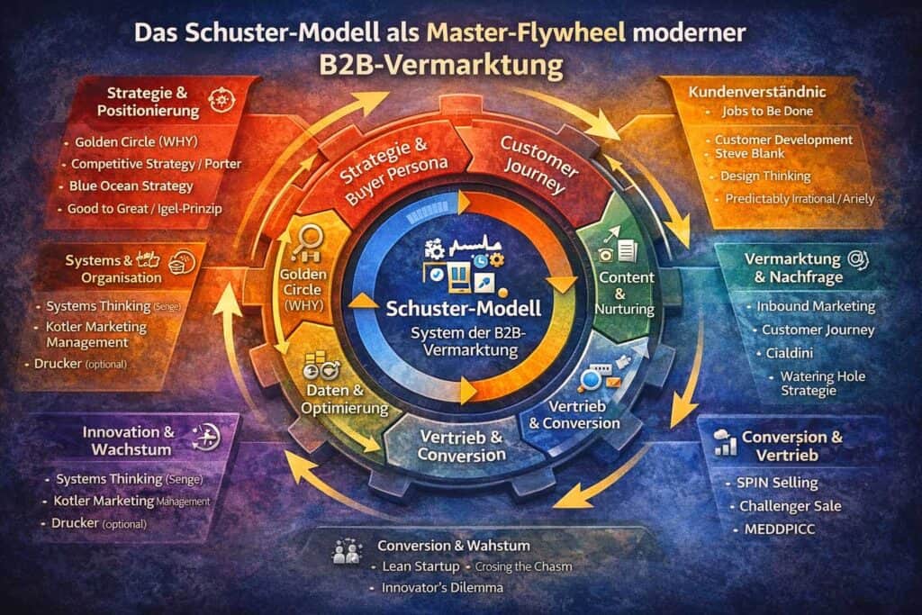 Die Infografik visualisiert das Schuster-Modell als Master-Flywheel der B2B-Vermarktung. Sie zeigt, wie verschiedene Managementmodelle wie Golden Circle, Jobs to be Done, Inbound Marketing, SPIN Selling, MEDDPICC, Lean Startup und Crossing the Chasm in einem integrierten System aus Strategie, Customer Journey, Content, Vertrieb und Daten zusammenwirken.