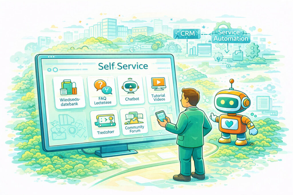 Self-Service Kundenportal mit Wissensdatenbank, Chatbot und automatisiertem Support im digitalen Kundenservice.