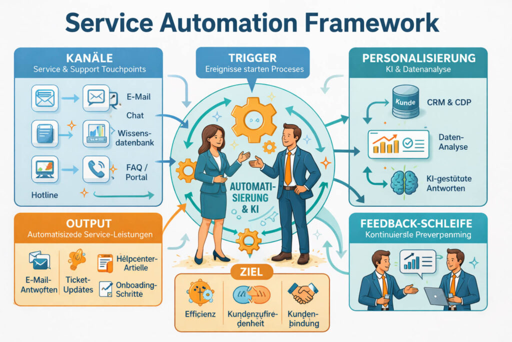 Service Automation Framework im B2B: Infografik zeigt Kanäle, Trigger, Personalisierung, automatisierte Serviceprozesse und Feedback-Schleifen zur Verbesserung der Customer Experience.