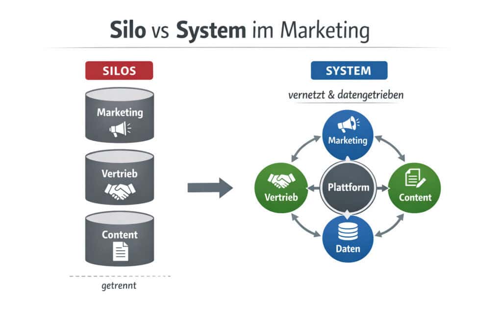 Infografik zum Vergleich von Silo- und Systemansatz im B2B-Marketing: Während Marketing, Vertrieb und Content isoliert arbeiten, verbindet ein datengetriebenes System alle Bereiche über eine zentrale Plattform und ermöglicht nachhaltigen Erfolg.