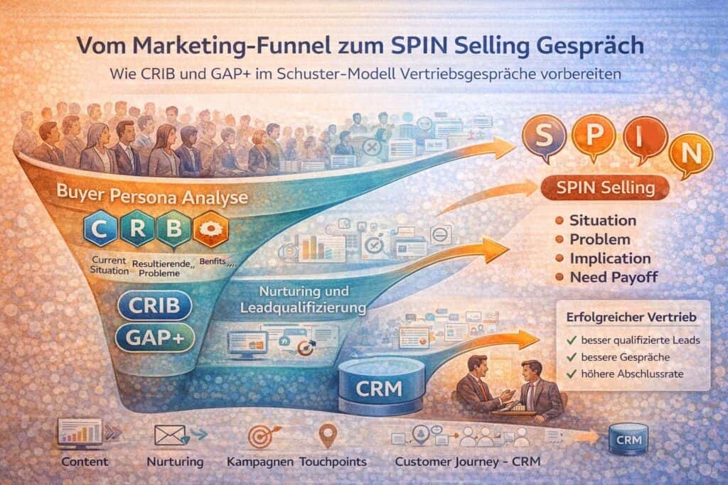 Infografik eines Marketing-Funnels im Schuster-Modell. Links eine große Gruppe von Buyer Personas mit CRIB-Analyse und GAP+ Analyse, in der Mitte Nurturing und Leadqualifizierung, rechts ein 1:1 Vertriebsgespräch nach dem SPIN-Selling-Modell.