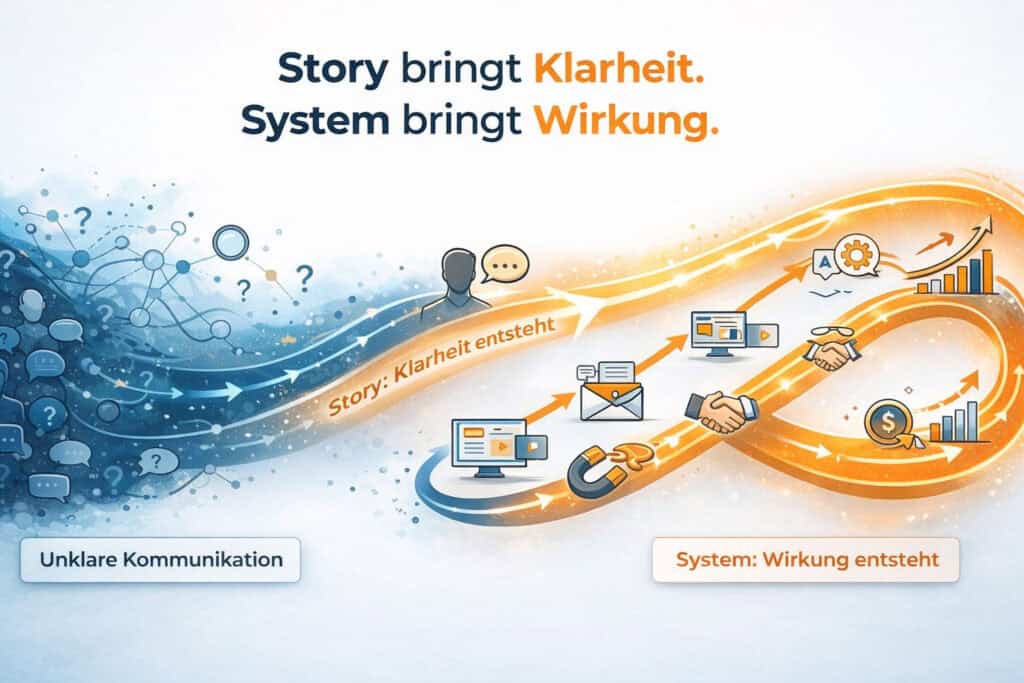 Visualisierung von Building a StoryBrand im B2B als Verbindung von klarer Kommunikation mit Customer Journey, Nurturing und Vertriebssystem