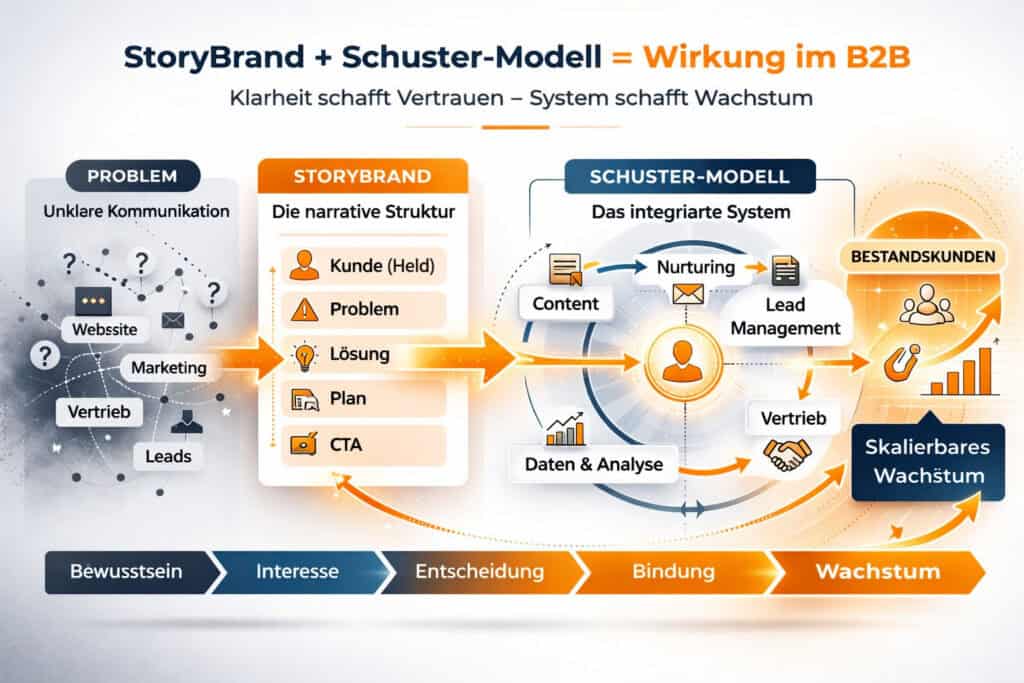 Infografik zur Integration von StoryBrand in Customer Journey, Nurturing, Lead Management und Vertrieb im B2B