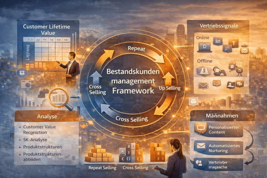 Bestandskundenmanagement Framework im B2B mit Customer Lifetime Value Analyse, Cross- und Up-Selling Strategie, Vertriebssignalen sowie personalisierten Marketing- und Vertriebsmaßnahmen.