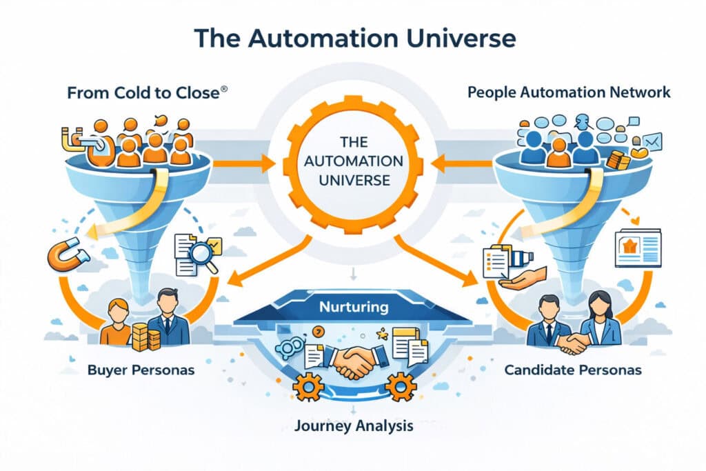 Infografik zeigt das strike2 Automation Universe mit People Automation Framework, From Cold to Close und Revenue Engine für Marketing-, Vertriebs- und HR-Automation.