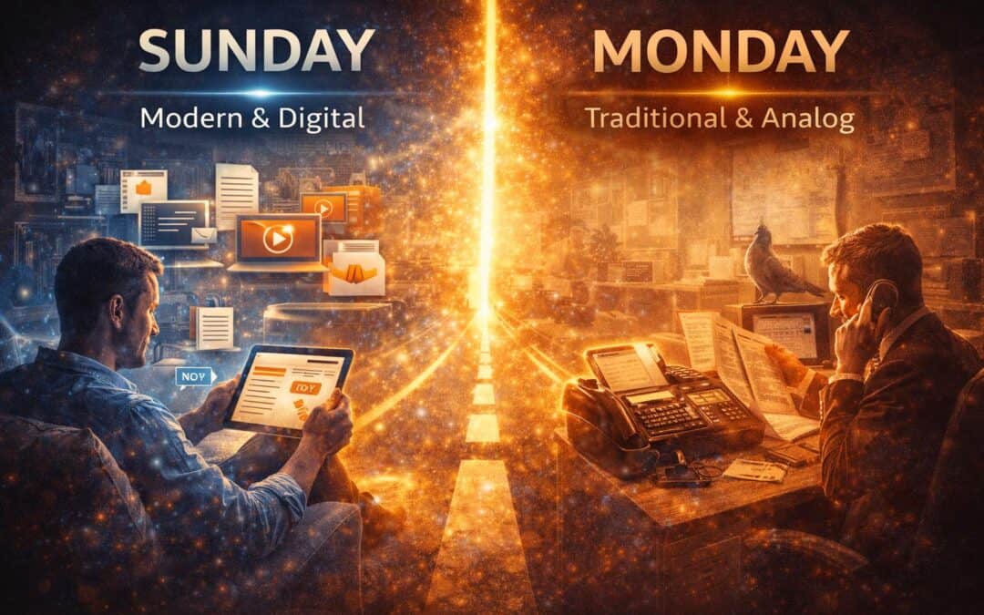 Visualisierung des Sunday Monday Gap zwischen digitalem Verhalten im Alltag und analogen Prozessen im B2B-Marketing und Vertrieb.