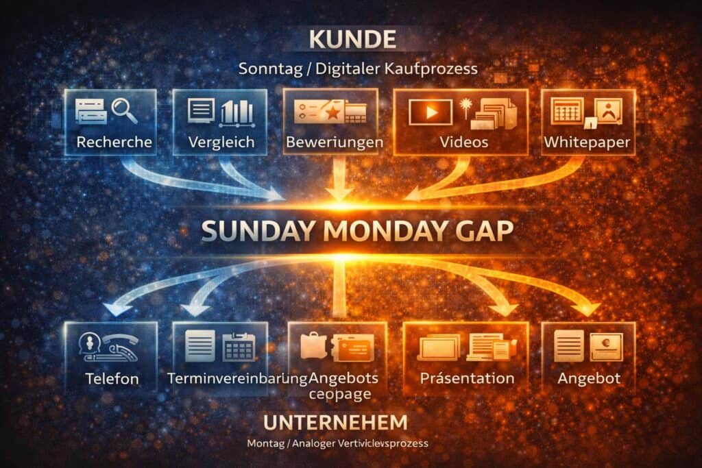 Diagramm des Sunday Monday Gap im B2B-Kaufprozess mit digitaler Recherche auf Kundenseite und analogen Vertriebsprozessen im Unternehmen.