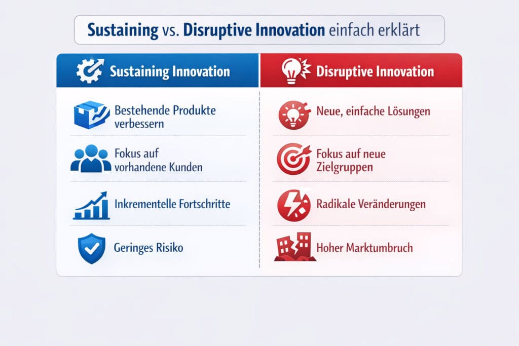 Infografik vergleicht sustaining innovation und disruptive innovation mit Eigenschaften und Unterschieden im Überblick.