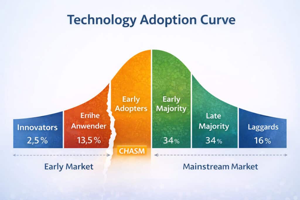 Infografik zur Technology Adoption Curve mit Innovatoren, frühen Anwendern, früher Mehrheit, später Mehrheit, Nachzüglern und der Crossing-the-Chasm-Lücke zwischen Early Adopters und Early Majority.