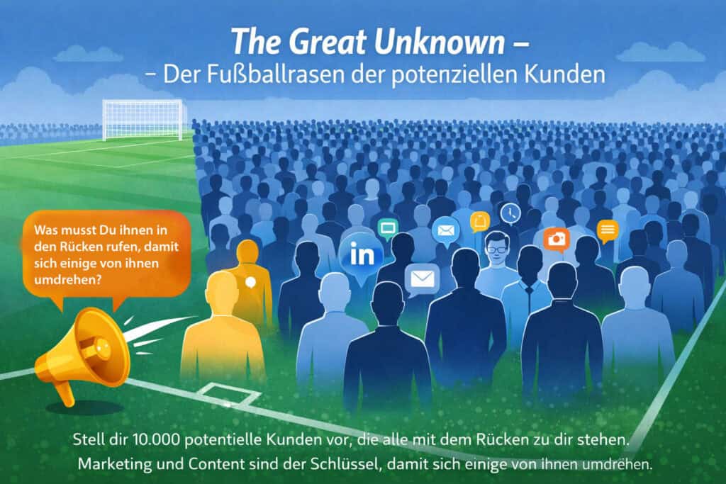 The Great Unknown im B2B Marketing: Metapher eines Fußballfelds mit tausenden potenziellen Kunden, die sich erst durch Content und Marketingaktivitäten zu Leads entwickeln.