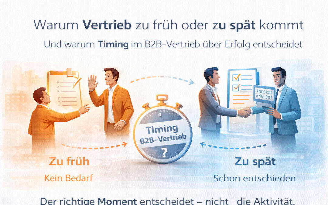 Headergrafik zum Timing im B2B-Vertrieb: Darstellung von zu frühem und zu spätem Vertriebsansatz und dem fehlenden optimalen Zeitpunkt für den Kundenkontakt