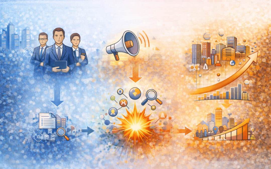 Headergrafik zum Tipping Point im B2B Marketing zeigt Multiplikatoren, Botschaft, Kontext und Marktdynamik im Schuster Modell.