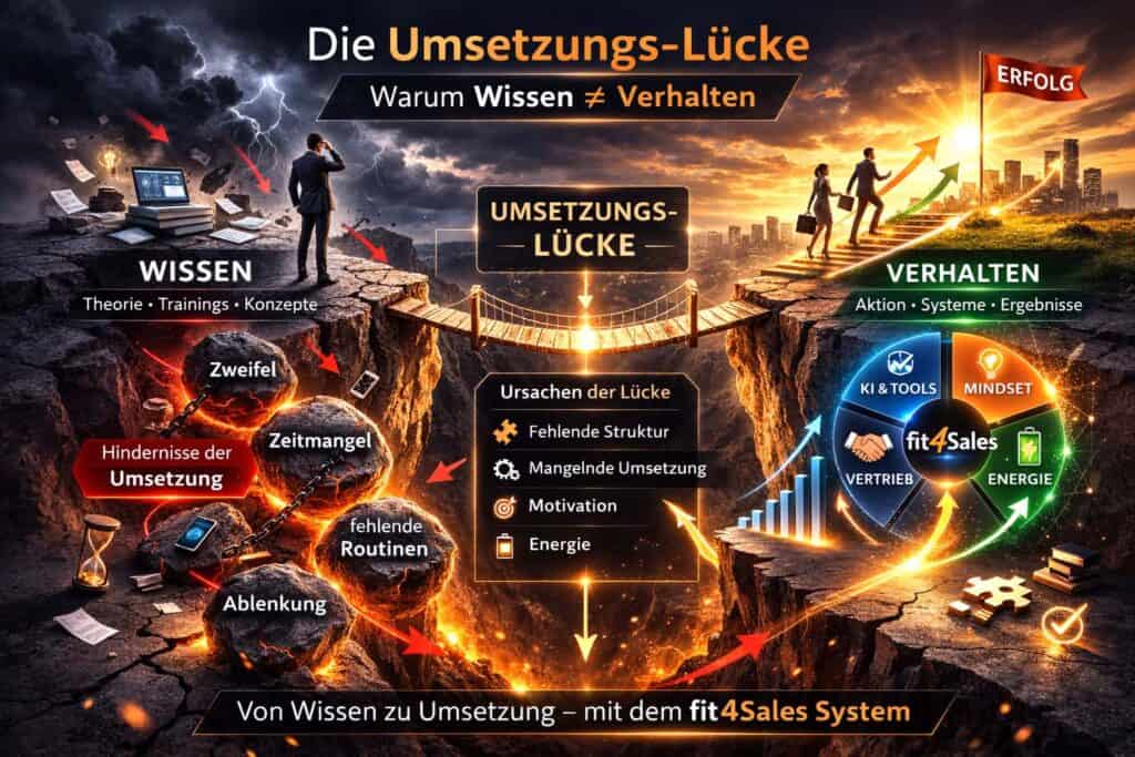 Umsetzungs-Lücke im Vertrieb zwischen Wissen und Verhalten mit Hindernissen wie Zweifel, Zeitmangel und fehlenden Routinen im fit4Sales System