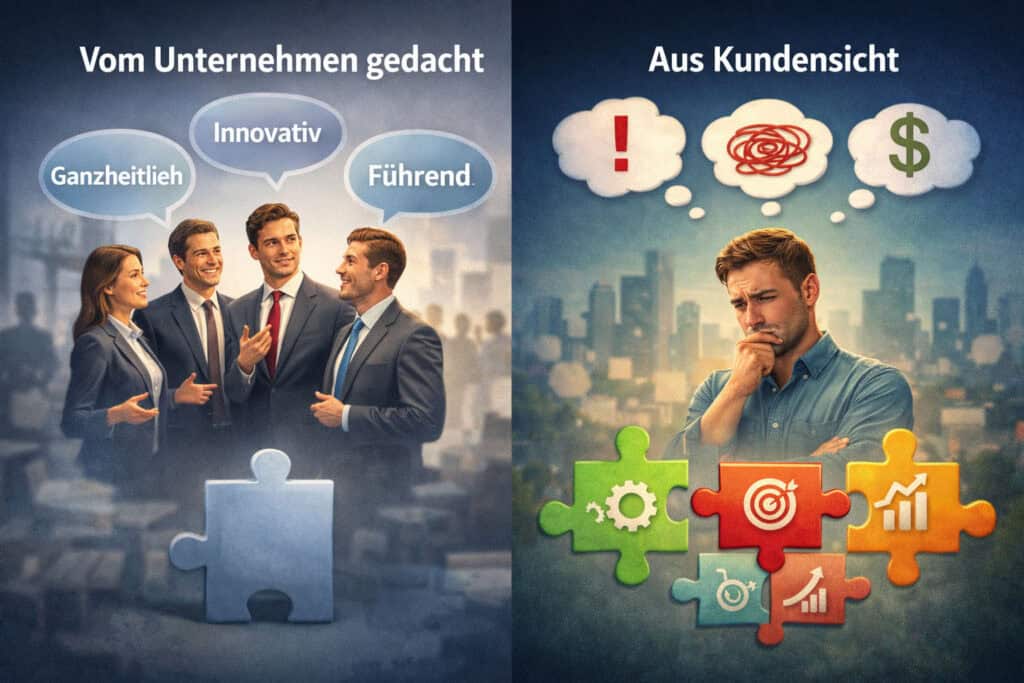 Vergleich zwischen Unternehmenssicht und Kundensicht im B2B Positioning mit Fokus auf Probleme, Ziele und Entscheidungsprozesse